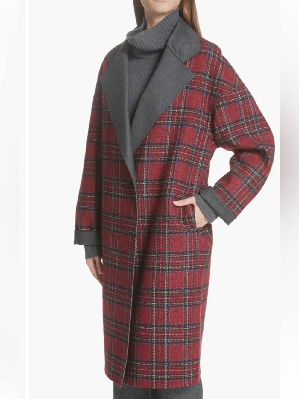 Lafayette148 Braylie plaid silk Wool-Blend Coat with Contrast flannel Collar